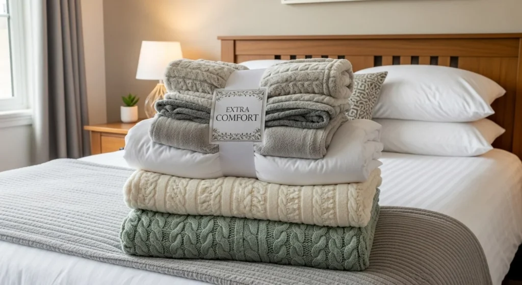 12 Guest Bedroom Ideas to Create a Warm Welcome 5 Cozy Throw and Extra Blankets-min