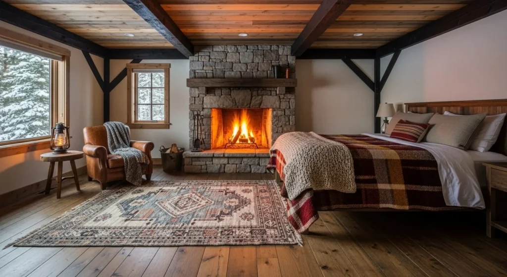 15 Rustic Bedroom Ideas with Natural Charm 14 Fireplace for Cabin Vibes-min