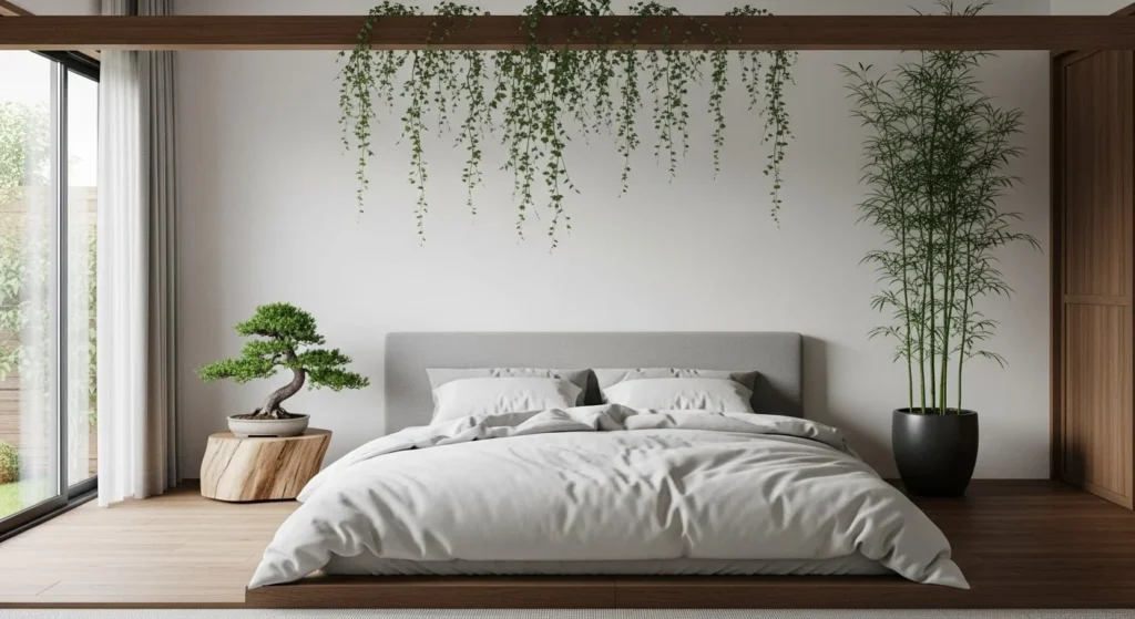 10 Japandi Bedroom Ideas for a Minimal and Serene Space 9 Greenery-min