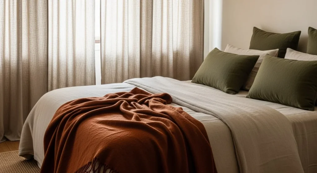 15 Earth Tone Ideas to Create a Timeless, Cozy Space 6 Layered Textiles-min