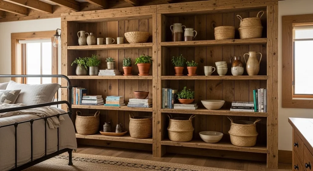 15 Rustic Bedroom Ideas with Natural Charm 17 Open Shelving with Natural Decor-min