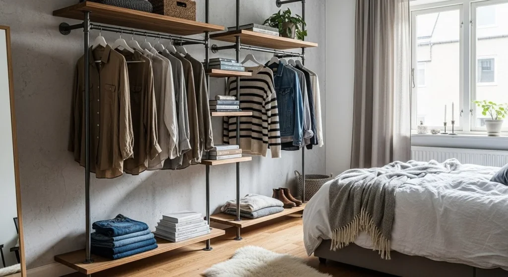 10 Industrial Bedroom Ideas with Urban Edge 7 Open Wardrobe or Racks-min