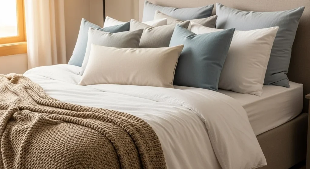 15 Cozy Bedroom Ideas with Warm Lighting and Textures 15 Oversized Pillows-min
