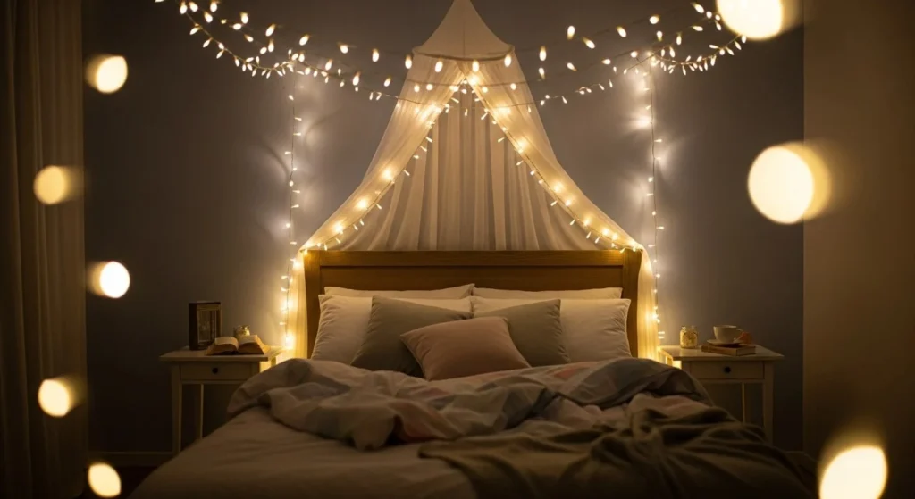15 Cozy Bedroom Ideas with Warm Lighting and Textures 8 StringFairy Lights-min