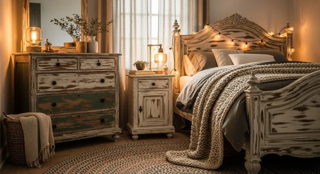 15 Rustic Bedroom Ideas with Natural Charm 8 Vintage or Distressed Furniture-min