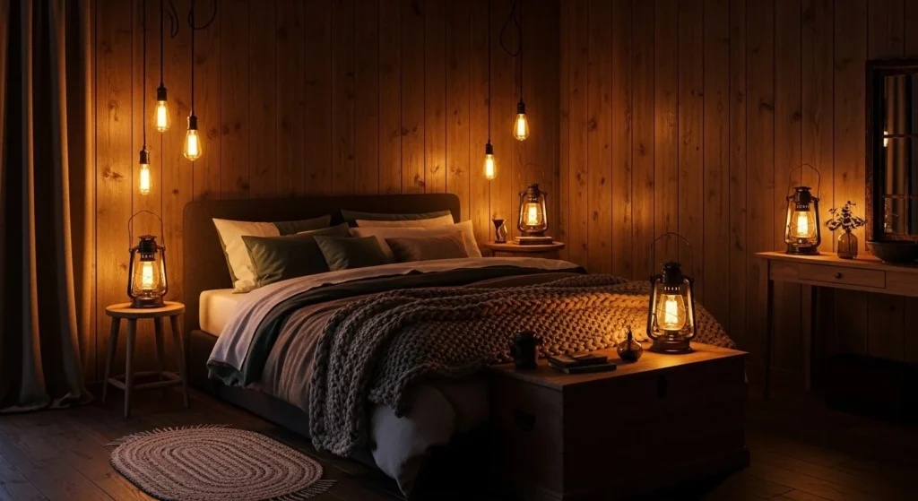 15 Rustic Bedroom Ideas with Natural Charm 11 Warm Lighting with Lanterns-min