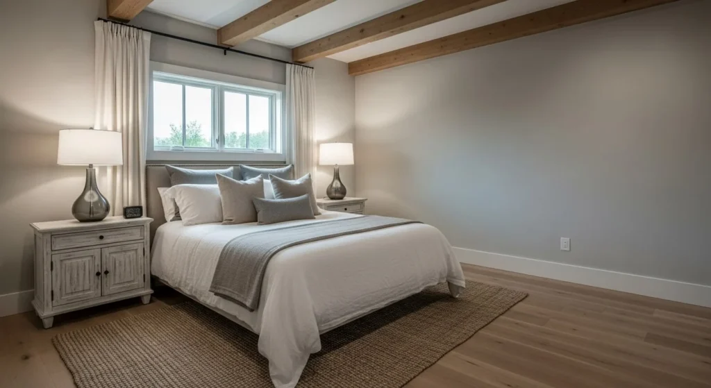 10 Modern Farmhouse Bedroom Ideas for Rustic Charm 5 Wooden Beams-min