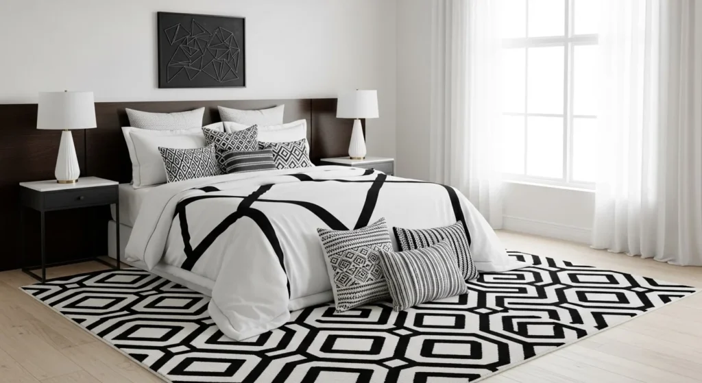 10 Black and White Bedroom Ideas for Modern Elegance 5 Geometric Patterns-min
