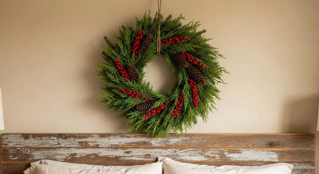 12 Christmas Bedroom Ideas to Bring Holiday Magic 6 Holiday Wreath Above the Bed-min