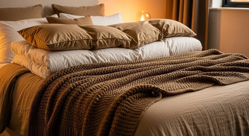 12 Earth Tone Bedroom Ideas for a Timeless, Cozy Space 7 Layered Natural Textiles-min
