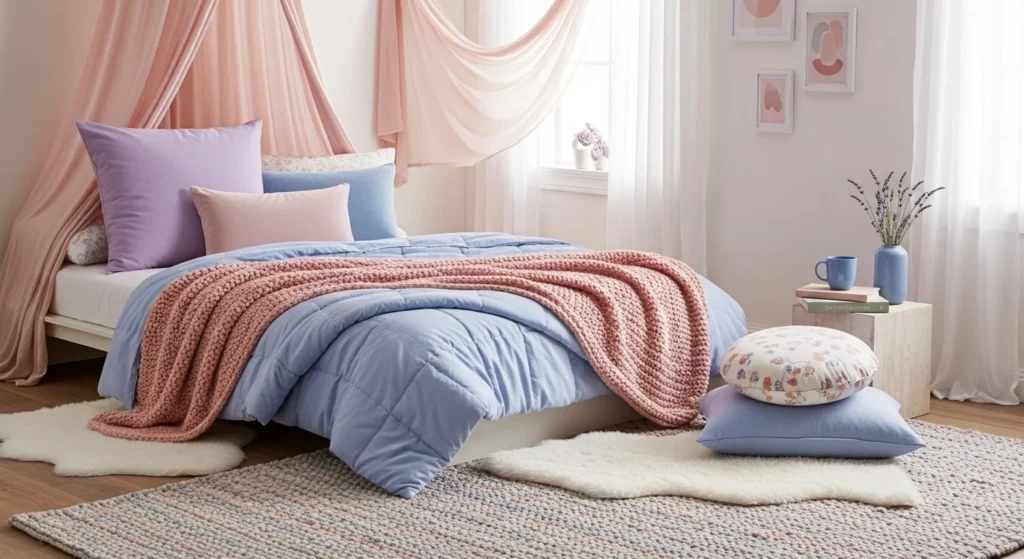 15 Pastel Bedroom Ideas for a Soft and Calming Look 16 Layered Pastel Textiles-min