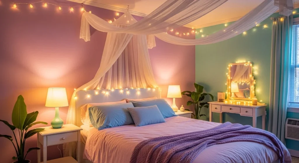 15 Pastel Bedroom Ideas for a Soft and Calming Look 17 Romantic Pastel Lighting-min
