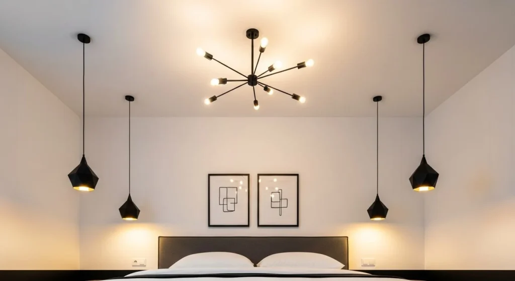 10 Black and White Bedroom Ideas for Modern Elegance 9 Statement Lighting-min
