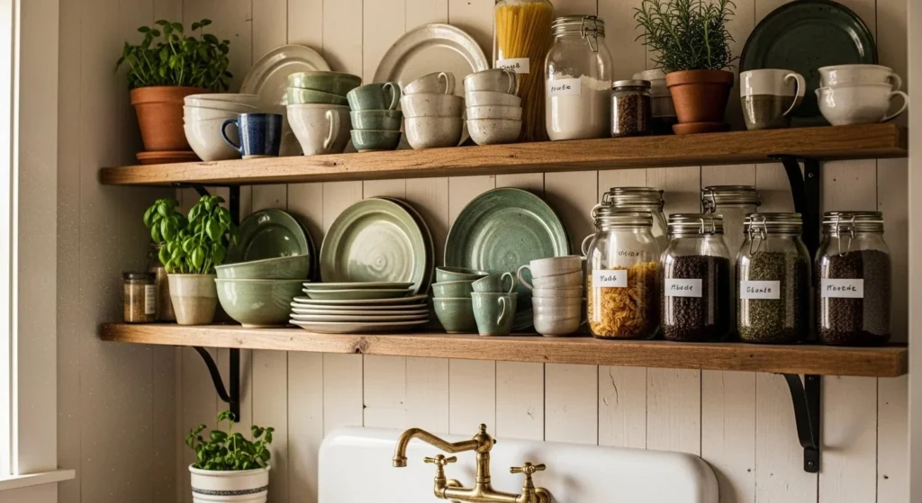 15 Modern Farmhouse Kitchens Ideas to Elevate Your Home Design 6 Use Open Shelving for a Welcoming Feel-min